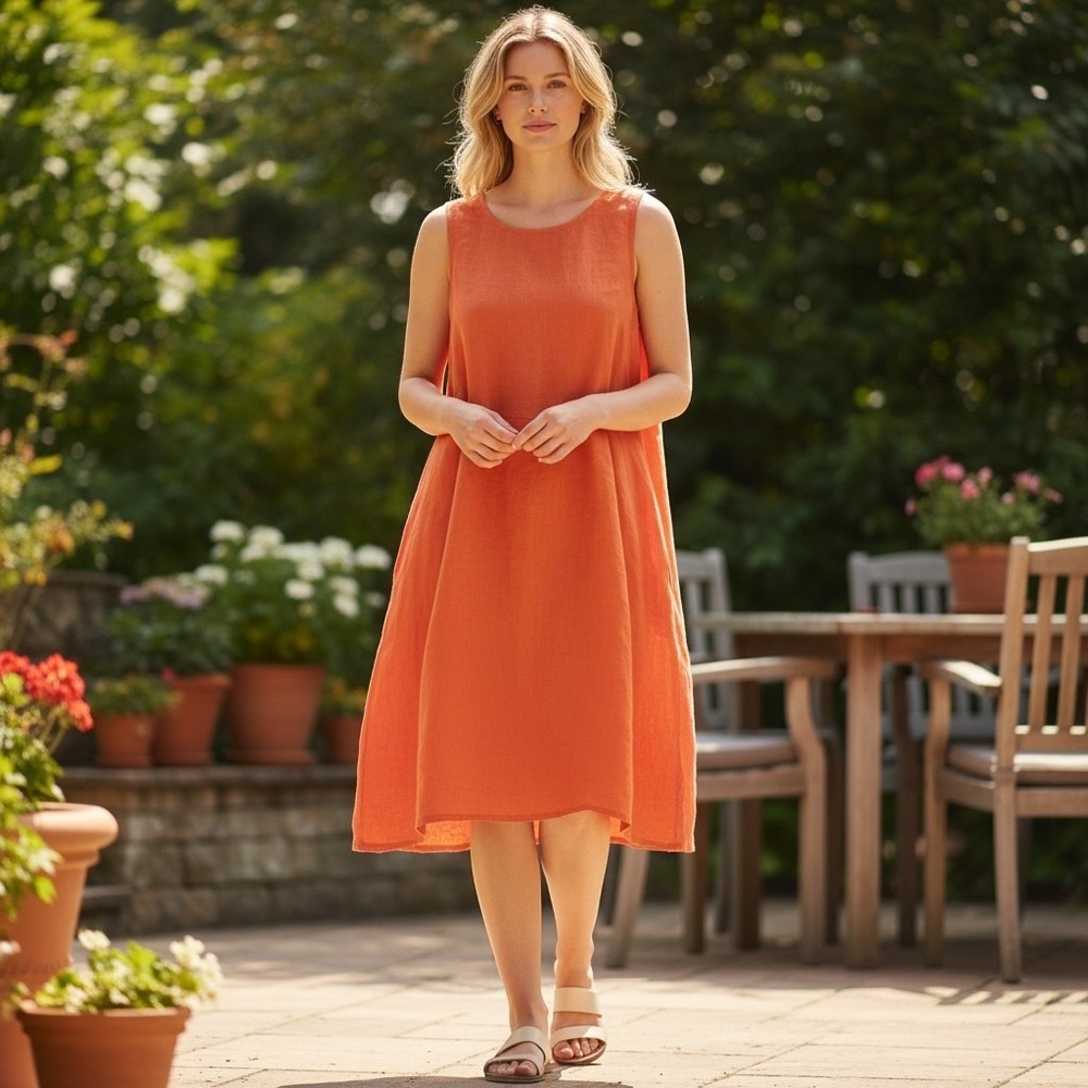 FLAX Linen Midi Dress Womens 2G(22-24) Orange Sleeveless Button Back Relaxed Fit